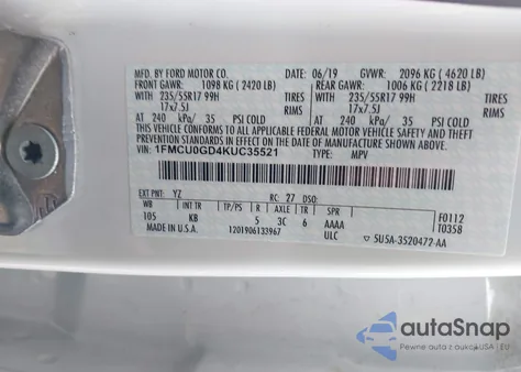 2019 Ford Escape Se z USA, uszkodzony, nr VIN 1FMCU0GD4KUC35521